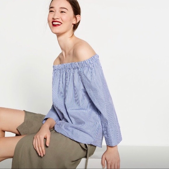 Zara off the shoulder poplin blouse - white/blue - Picture 4 of 15